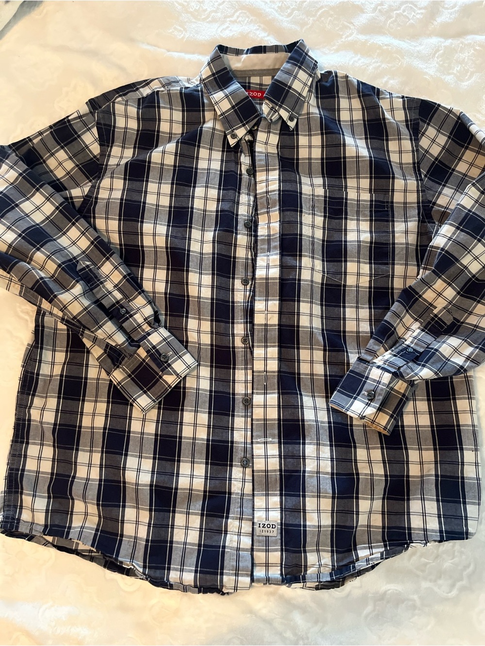 Izod Navy and White Plaid Long-Sleeve Button-Down Shirt sz large